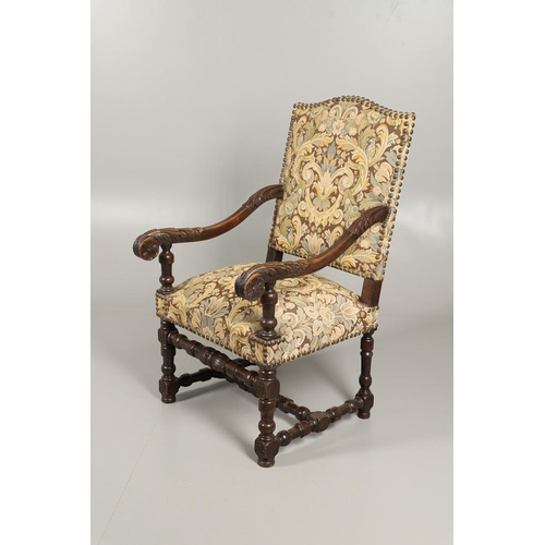 1564 - A VICTORIAN CARVED OAK THRONE CHAIR. the frame carved with acanthus leaf detail to the scroll arms, ... 