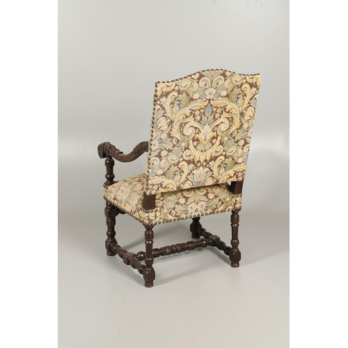 1564 - A VICTORIAN CARVED OAK THRONE CHAIR. the frame carved with acanthus leaf detail to the scroll arms, ... 