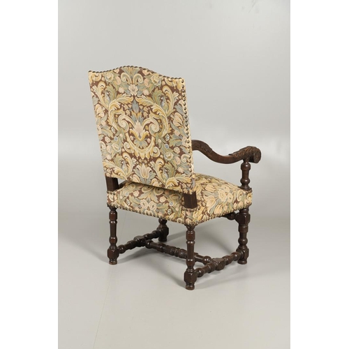 1564 - A VICTORIAN CARVED OAK THRONE CHAIR. the frame carved with acanthus leaf detail to the scroll arms, ... 