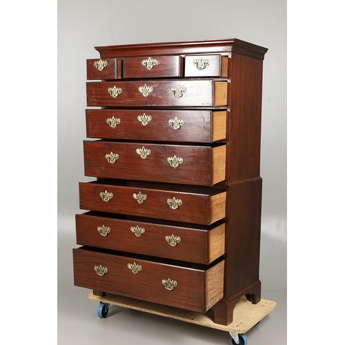 1565 - A GEORGE III MAHOGANY CHEST ON CHEST. the three short over six long drawers with pierced brass handl... 