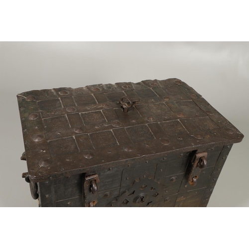 1571 - A 17TH CENTURY GERMAN 'ARMADA' IRON STRONG CHEST. the strapwork lid bearing traces of original green... 