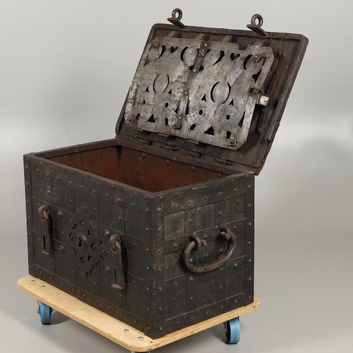 1571 - A 17TH CENTURY GERMAN 'ARMADA' IRON STRONG CHEST. the strapwork lid bearing traces of original green... 