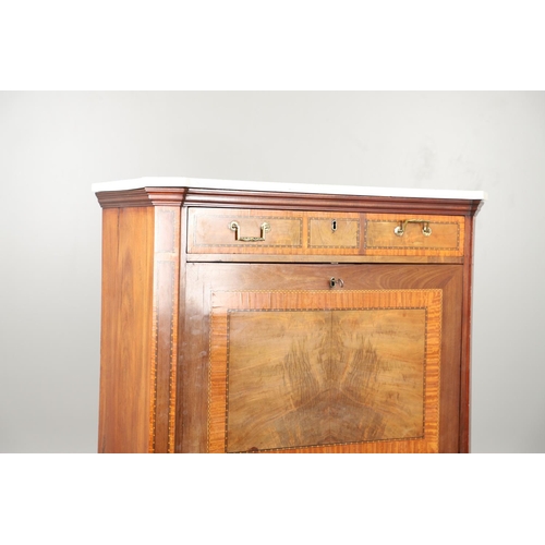 1573 - A 19TH CENTURY FRENCH WALNUT AND SATINWOOD ESCRITOIRE. with white marble top over an inlaid and cros... 