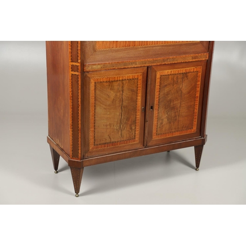 1573 - A 19TH CENTURY FRENCH WALNUT AND SATINWOOD ESCRITOIRE. with white marble top over an inlaid and cros... 