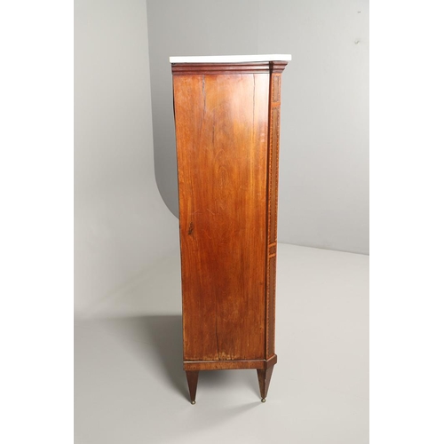 1573 - A 19TH CENTURY FRENCH WALNUT AND SATINWOOD ESCRITOIRE. with white marble top over an inlaid and cros... 