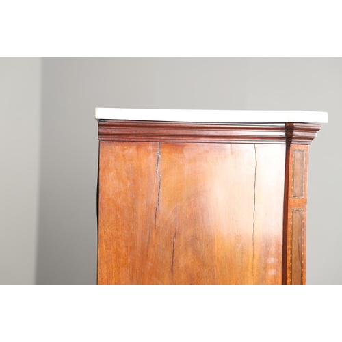 1573 - A 19TH CENTURY FRENCH WALNUT AND SATINWOOD ESCRITOIRE. with white marble top over an inlaid and cros... 