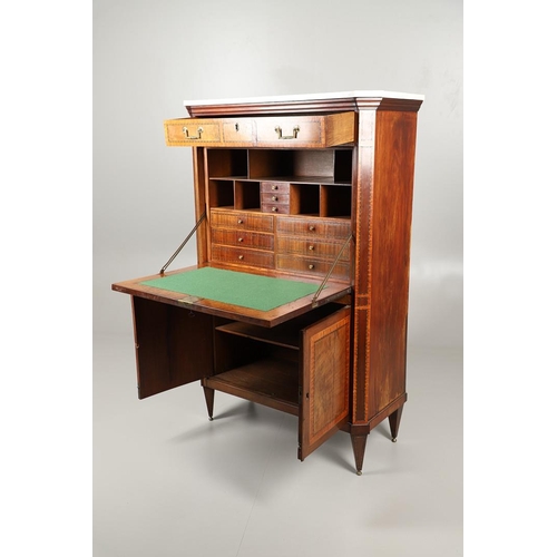 1573 - A 19TH CENTURY FRENCH WALNUT AND SATINWOOD ESCRITOIRE. with white marble top over an inlaid and cros... 