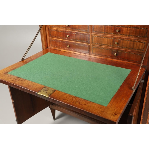 1573 - A 19TH CENTURY FRENCH WALNUT AND SATINWOOD ESCRITOIRE. with white marble top over an inlaid and cros... 