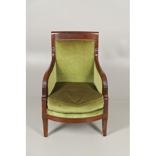 1575 - A FRENCH EMPIRE MAHOGANY ARMCHAIR, CIRCA 1830. the carved frame with anthemion decoration on swept l... 