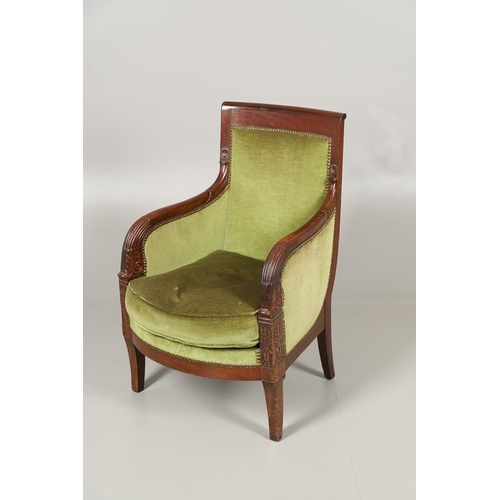 1575 - A FRENCH EMPIRE MAHOGANY ARMCHAIR, CIRCA 1830. the carved frame with anthemion decoration on swept l... 