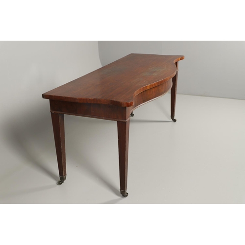 1576 - A 19TH CENTURY MAHOGANY SERPENTINE SERVING TABLE. the shaped top on square tapering legs and brass c... 