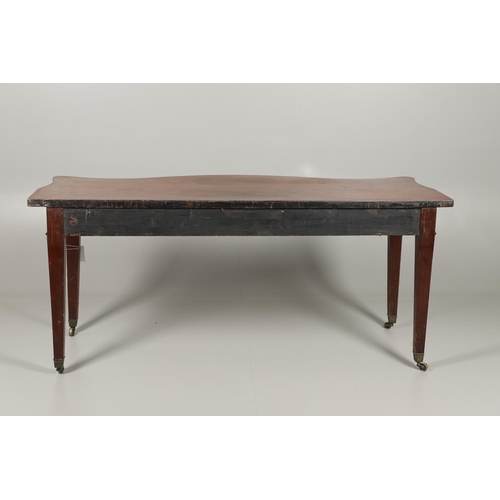 1576 - A 19TH CENTURY MAHOGANY SERPENTINE SERVING TABLE. the shaped top on square tapering legs and brass c... 