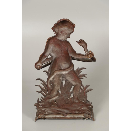 1595 - A PAINTED CAST IRON UMBRELLA/STICK STAND. 19th century, modelled as a semi-clad boy fighting a snake... 