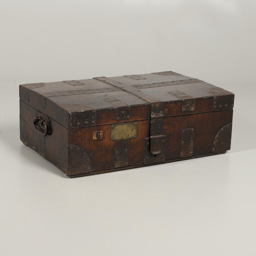 1602 - MILITARY INTEREST: AN OAK AND IRON BOUND CANTEEN CHEST. with iron strapwork and iron handles to each... 