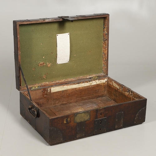 1602 - MILITARY INTEREST: AN OAK AND IRON BOUND CANTEEN CHEST. with iron strapwork and iron handles to each... 