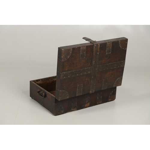 1602 - MILITARY INTEREST: AN OAK AND IRON BOUND CANTEEN CHEST. with iron strapwork and iron handles to each... 