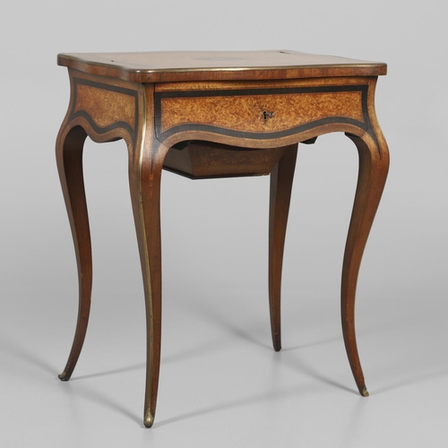 1603 - A 19TH CENTURY FRENCH LADIES WALNUT WORK TABLE. the crossbanded burr walnut and brass inlaid shaped ... 