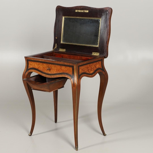 1603 - A 19TH CENTURY FRENCH LADIES WALNUT WORK TABLE. the crossbanded burr walnut and brass inlaid shaped ... 