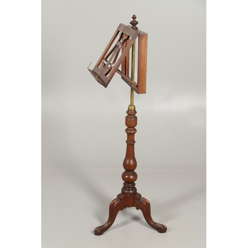 1608 - A 19TH CENTURY MAHOGANY MUSIC STAND. the lectern top with turned finial and lyre-form music sheet su... 