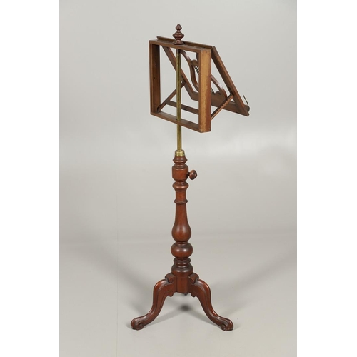 1608 - A 19TH CENTURY MAHOGANY MUSIC STAND. the lectern top with turned finial and lyre-form music sheet su... 