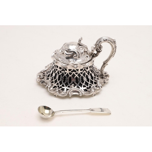 289 - BY CHARLES THOMAS & GEORGE FOX:-. an early Victorian mustard pot (non-matching condiment spoon) and ... 