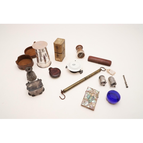 436 - A MIXED LOT:-. a mounted wooden bridge box, a Victorian necessaire & implements, a pocket barometer,... 