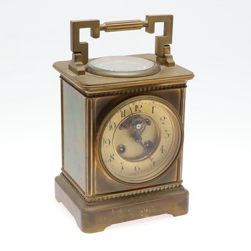 1423 - A LATE 19TH CENTURY FRENCH BRASS COMPENDIUM MANTEL CLOCK. with inset circular silvered thermometer a... 