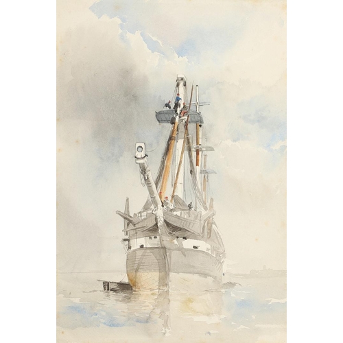 476 - ALFRED DOWNING FRIPP, RWS (1822-1895). FITTING THE RIGGING ON A CLIPPER. Watercolour and pencil heig... 