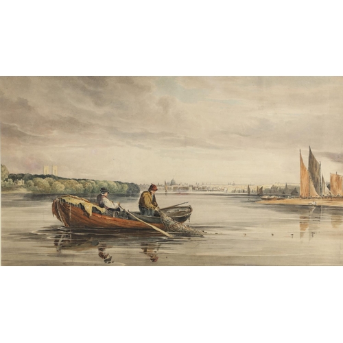 478 - SAMUEL AUSTIN (1796-1834). His circle. FISHERMEN ON THE THAMES, ST PAUL'S IN THE DISTANCE. Watercolo... 