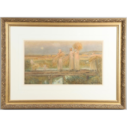 487 - HERBERT NYE (FL.1885-1927). GLEANERS AT TWILIGHT. Signed, watercolour heightened with scratching out... 