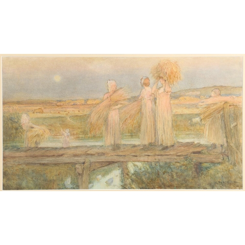 487 - HERBERT NYE (FL.1885-1927). GLEANERS AT TWILIGHT. Signed, watercolour heightened with scratching out... 