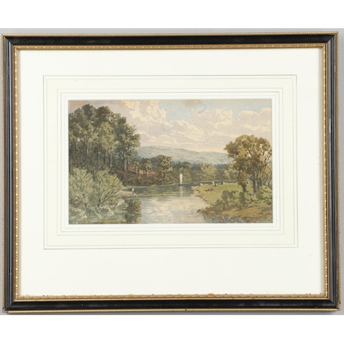 489 - GEORGE S. CONSTABLE OF ARUNDEL (1792-1878). RIVER LANDSCAPE SCENE WITH SHEEP. Watercolour
14.5 x 24.... 