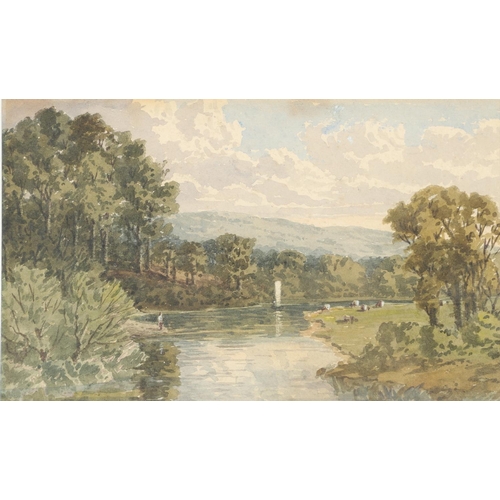 489 - GEORGE S. CONSTABLE OF ARUNDEL (1792-1878). RIVER LANDSCAPE SCENE WITH SHEEP. Watercolour
14.5 x 24.... 