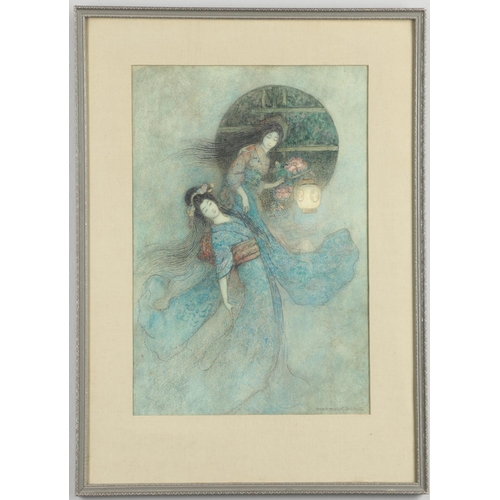 494 - WARWICK GOBLE (1862-1943). TWO GEISHAS WITH A LANTERN. Signed, watercolour with pen and ink
34 x 23c... 