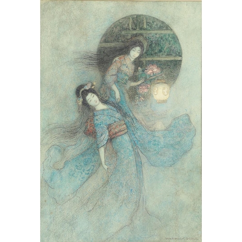 494 - WARWICK GOBLE (1862-1943). TWO GEISHAS WITH A LANTERN. Signed, watercolour with pen and ink
34 x 23c... 