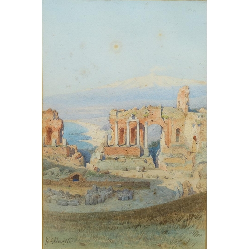 495 - G** PINOTTI (FL. C.1870-1900). TAORMINA, SICILY: THE GREEK TEMPLE, MOUNT ETNA SMOKING BEYOND. Signed... 