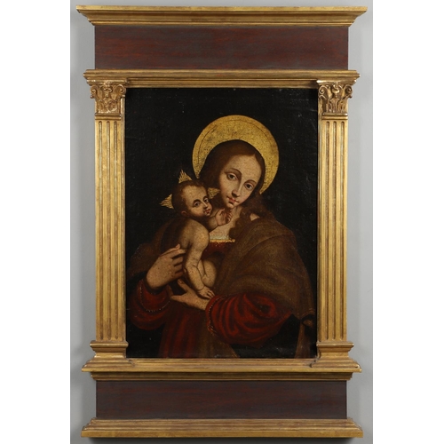 503 - ITALIAN SCHOOL, LATE 16TH CENTURY. THE VIRGIN AND CHILD. Oil on canvas, within a modern `Tabernacle`... 