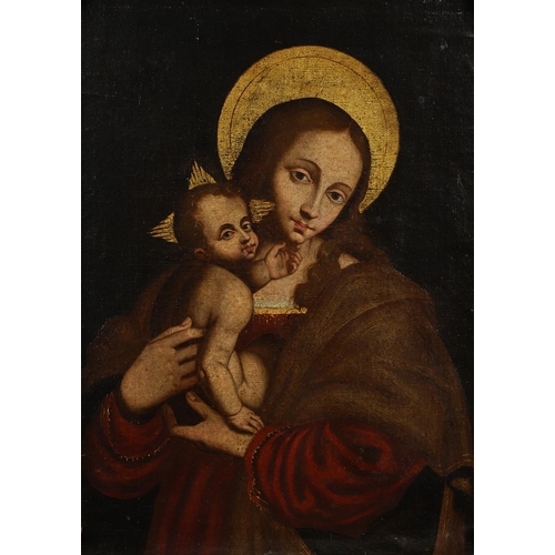 503 - ITALIAN SCHOOL, LATE 16TH CENTURY. THE VIRGIN AND CHILD. Oil on canvas, within a modern `Tabernacle`... 