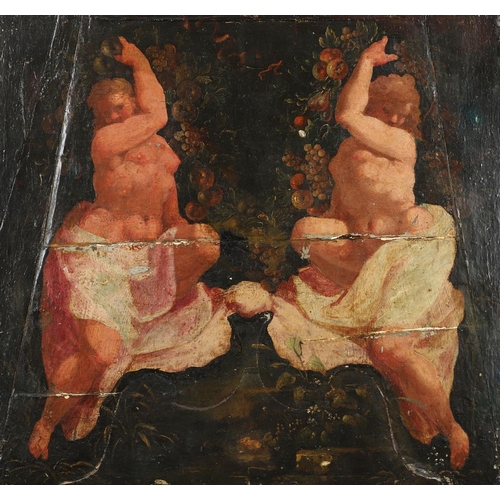 504 - ITALIAN SCHOOL, CIRCA 1600. TWO DRAPED NUDES WITH GARLANDS OF FRUIT. Oil on shaped and joined panels... 