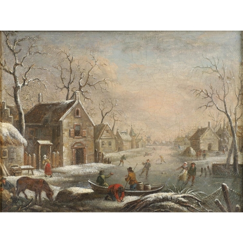 507 - DENYS VAN ALSLOOT (C.1570-C.1628). In the manner of. A BUSY WINTER SCENE WITH VILLAGERS ON A FROZEN ... 