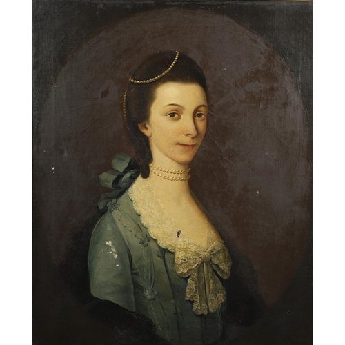 518 - GEORGE DANCE (1741-1825). Follower of. PORTRAIT OF A YOUNG LADY. Quarter length, wearing a blue dres... 