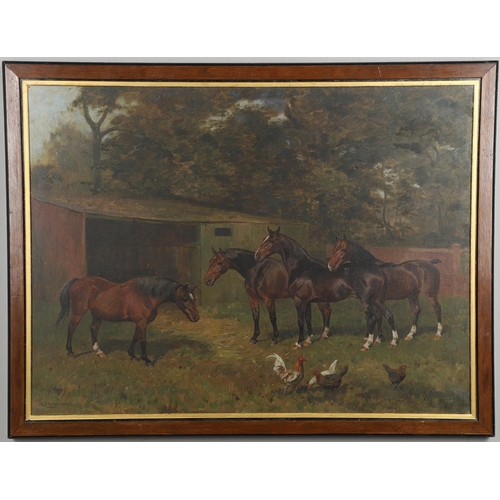 536 - ALFRED GRENFELL HAIGH (1870-1963). A BAY MARE WITH THREE FOALS AND POULTRY IN A FARMYARD. (d) Signed... 