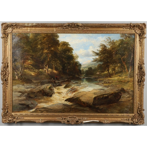 538 - GEORGE AUGUSTUS WILLIAMS (1814-1901). Attributed to. A RUSTIC FAMILY BY A WOODED RIVER. Oil on canva... 