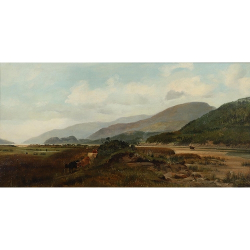 541 - RICHARD BEAVIS (1824-1896). HIGHLAND CATTLE BY AN ESTUARY. With possible indistinct signature lower ... 