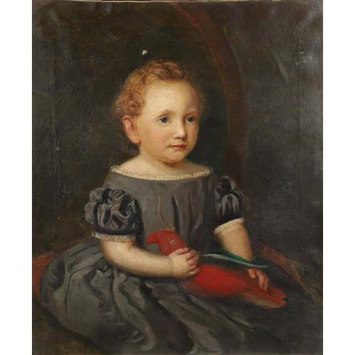 548 - THOMAS WALLEY (1817-1878). PORTRAIT OF A CHILD. Seated long half length, wearing a grey dress and ho... 