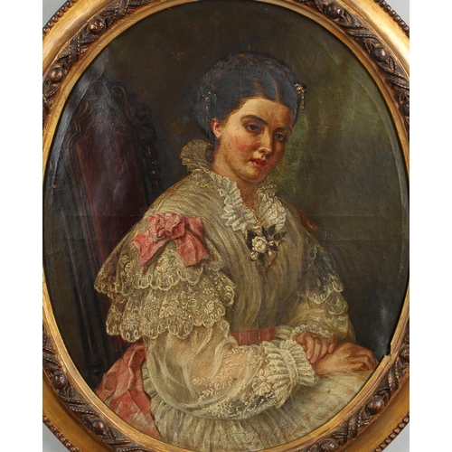 549 - ELIZA WHITE (C.1843-1901). SELF PORTRAIT. Seated half length, wearing a cream dress decorated with l... 