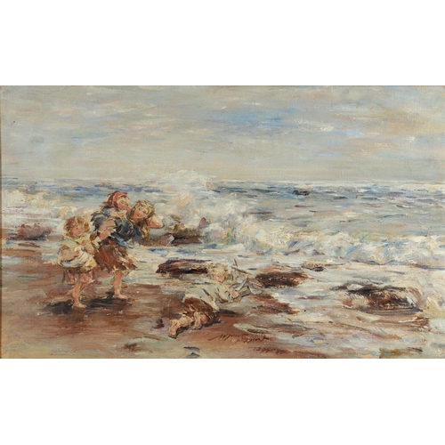 557 - WILLIAM MCTAGGART, RSA, RSW (1835-1910). SETTING SAIL. Signed and dated 1889 (and possibly a further... 