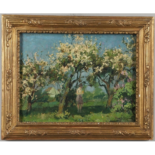 560 - LOUIS SOONIUS (1883-1956). LADY IN AN ORCHARD. Signed, oil on canvas
22.5 x 29.5cm.  *CR  Needs a li... 