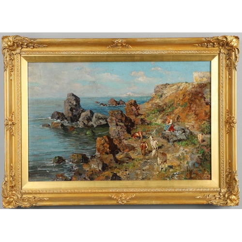 565 - GIUSEPPE GIARDIELLO (1877-1920). GIRL TENDING GOATS ON CRAGGY CLIFFS ON THE ITALIAN COAST. Signed, o... 