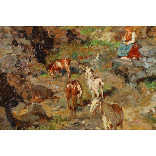 565 - GIUSEPPE GIARDIELLO (1877-1920). GIRL TENDING GOATS ON CRAGGY CLIFFS ON THE ITALIAN COAST. Signed, o... 